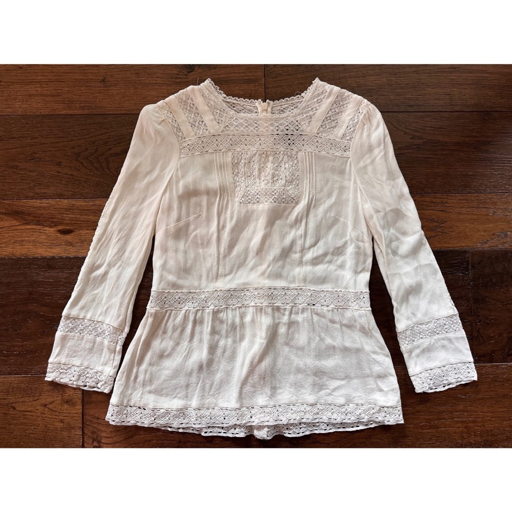 Point Sur White Lace Long Sleeve Blouse Peplum Top Viscose Boho Cream Size 6